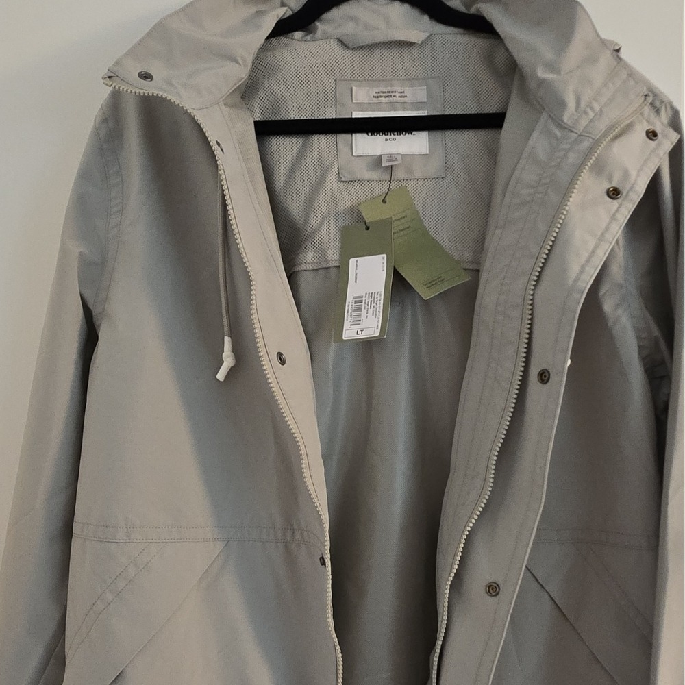 NWT Mens Goodfellow & Co Large Tall Grey Hooded Rain/Wind Zip/Button Up Jacket. - Picture 5 of 12